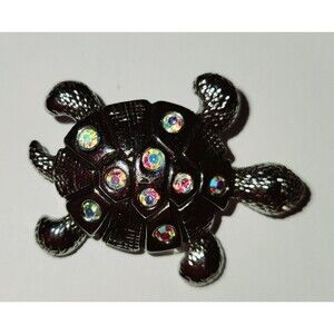 TURTLE Brooch, Unmarked AB Rhinestones Silvertoned 1.25" Around